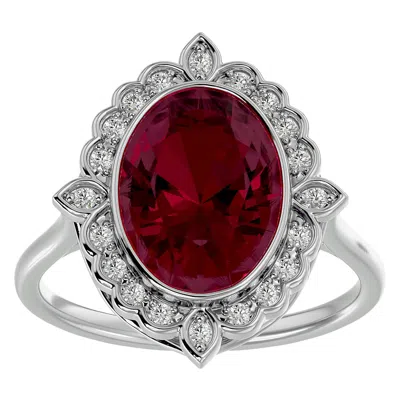 Shop Sselects 1 3/4 Carat Oval Shape Ruby And Halo Diamond Ring In 14 Karat White Gold In Red