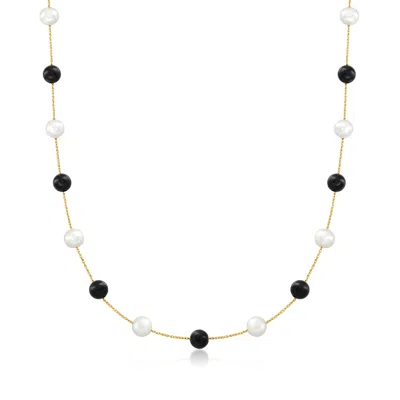 Shop Ross-simons 6-7mm Cultured Pearl And Onyx Bead Station Necklace In 14kt Yellow Gold In Black