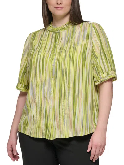 Shop Calvin Klein Plus Womens Ruffled Striped Button-down Top In Yellow