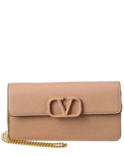 Shop Valentino Vsling Grainy Leather Wallet On Chain In Beige