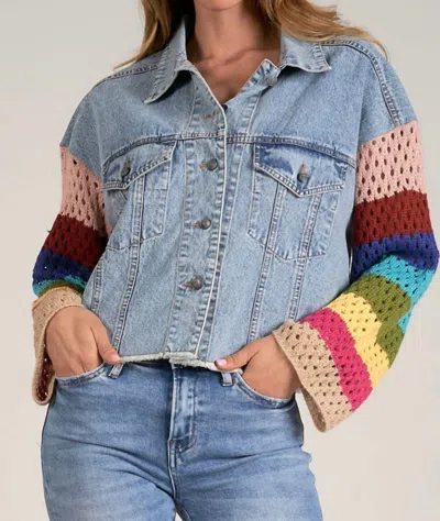 Shop Elan Crochet Sleeve Denim Jacket In Blue Denim Multi