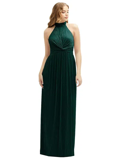 Shop After Six Band Collar Halter Open-back Metallic Pleated Maxi Dress In Green