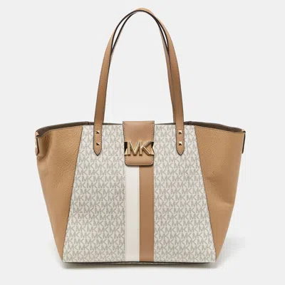Shop Michael Kors Vanilla/tan Siganture Coated Canvas And Leather Karlie Tote In White