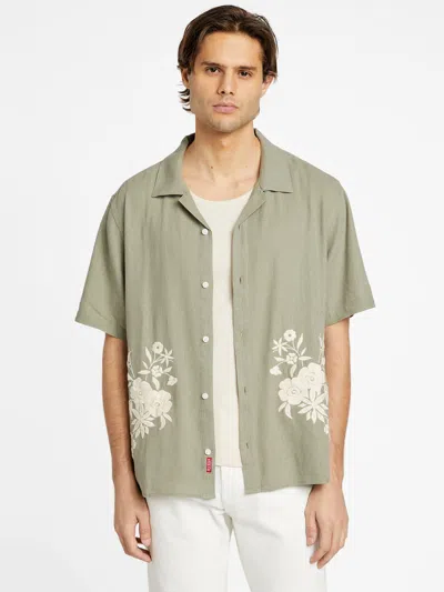 Shop Guess Factory Eco Gaudi Embroidered Linen Shirt In Green