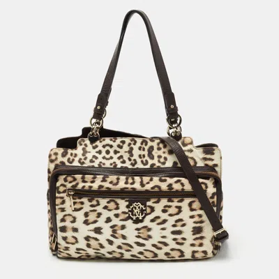 Shop Roberto Cavalli Brown/beige Leopard Satin And Leather Tote