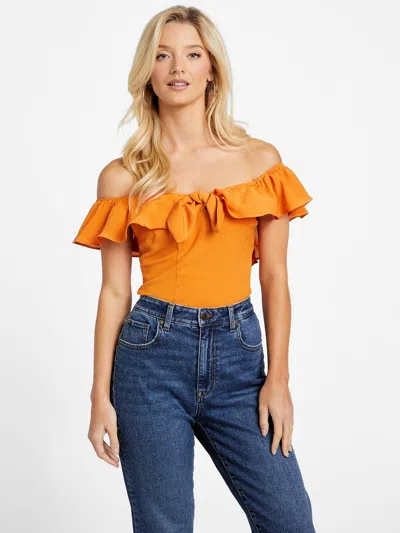 Shop Guess Factory Juno Off-the-shoulder Crop Top In Orange