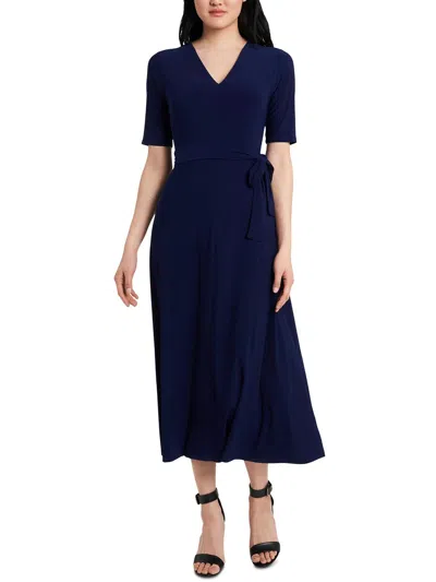 Shop Msk Womens V-neck Elbow Sleeve Midi Dress In Blue