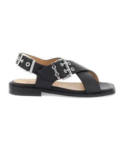 Shop Ganni Feminine Buckle Cross Strap Sandal Shoes In Black