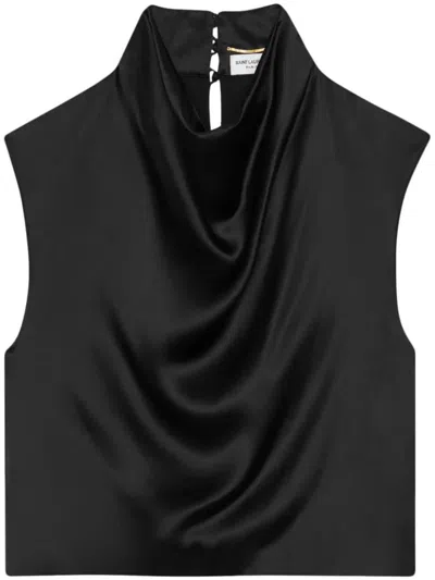 Shop Saint Laurent Satin Cowl Neck Short Top Clothing In Black