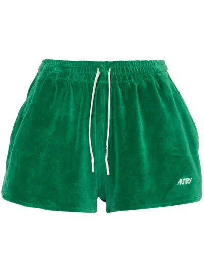 Shop Autry Embroidered-logo Velvet Shorts In Green Emerald