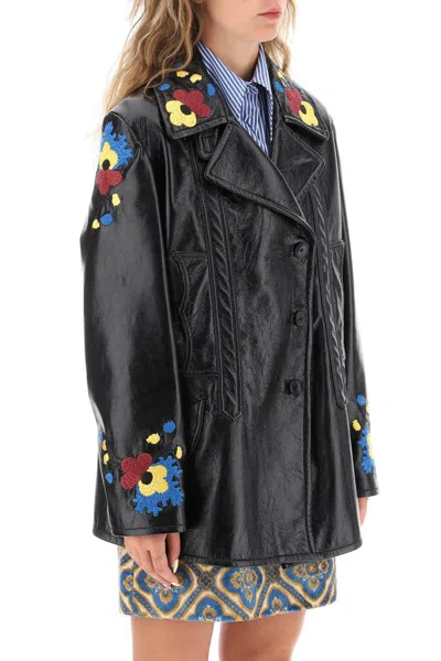 Shop Etro Jacket In Patent Faux Leather With Floral Embroideries In Nero