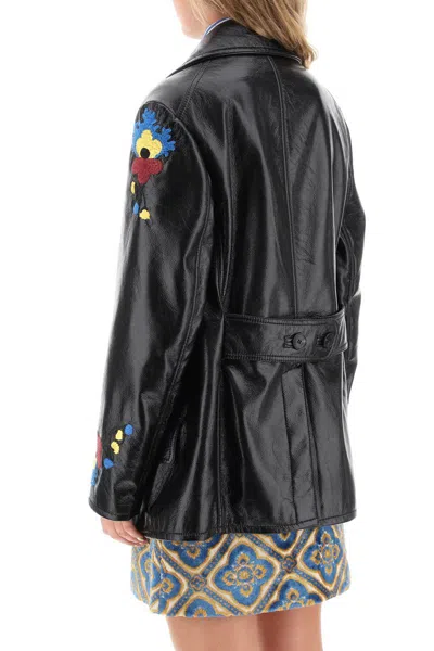 Shop Etro Jacket In Patent Faux Leather With Floral Embroideries In Nero