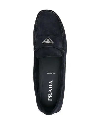 Shop Prada Enamel-triangle-logo Suede Loafers In Bleu