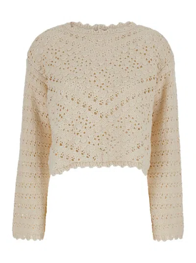 Shop Twinset Beige Open-knit Jumper In Cotton Blend Woman In White