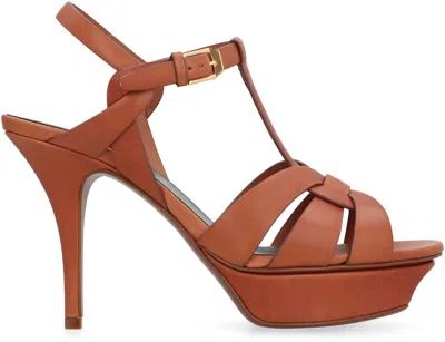 Shop Saint Laurent Tribute Heeled Leather Sandals In Brown