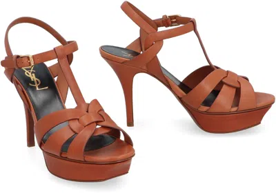 Shop Saint Laurent Tribute Heeled Leather Sandals In Brown