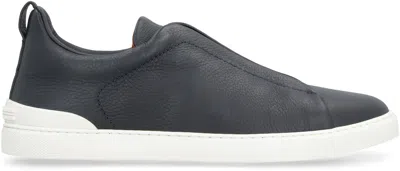 Shop Zegna Triple Stitch Leather Sneakers In Blue
