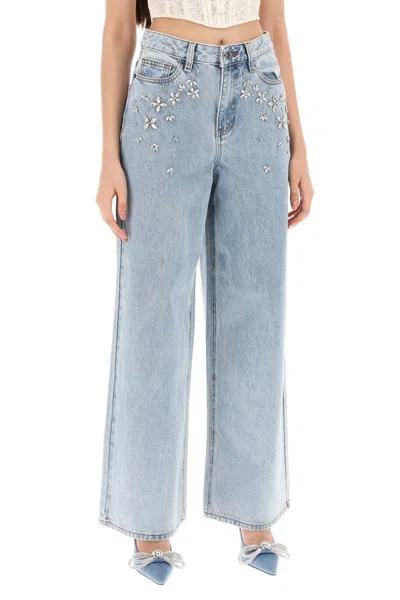 Shop Self-portrait Wide Jeans With Applique Details In Blu