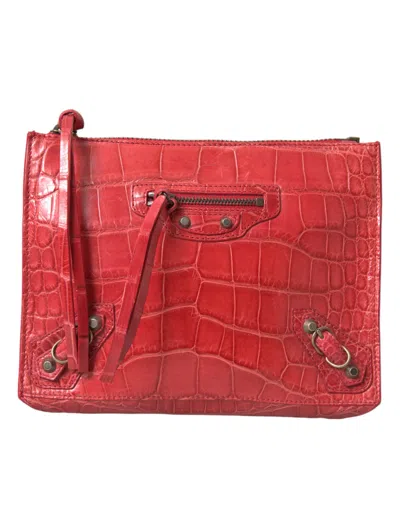 Shop Balenciaga Exotic Red Alligator Leather Clutch In Black