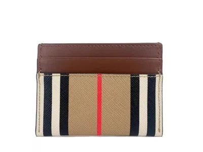 Shop Burberry Sandon Tan Canvas Check Printed Leather Slim Card Case Wallet In Blue