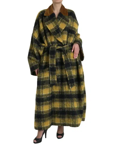 Shop Dolce & Gabbana Chic Checkered Long Trench Coat In Sunny Yellow In White