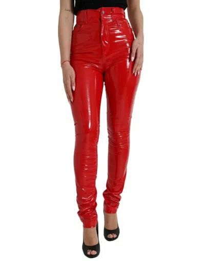 Shop Dolce & Gabbana Chic Red High Waist Skinny Pants In White