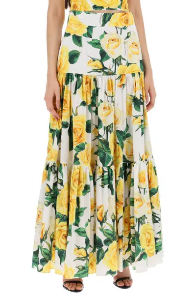 Shop Dolce & Gabbana "long Skirt With Ruffle Details And Yellow Rose In Bianco