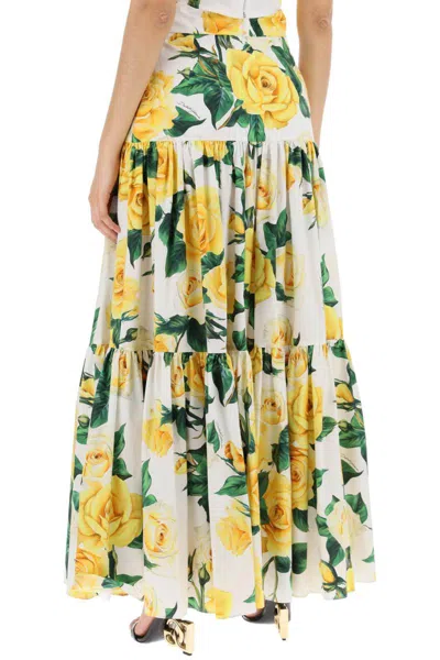 Shop Dolce & Gabbana "long Skirt With Ruffle Details And Yellow Rose In Bianco