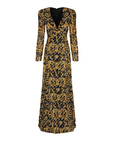 Shop Versace Baroque Print Evening Gown In Multi