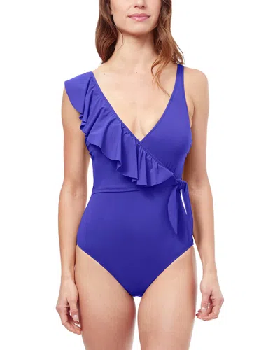Profile By Gottex Tutti Frutti V Neck Ruffle Surplice Swimsuit In Blue