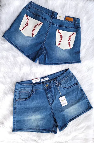 Rubies + Honey Baseball Pocket Denim Shorts In Medium Wash In Multi