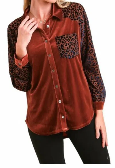 Shop Umgee Velvet Collar Button Down Shirt In Copper In Multi