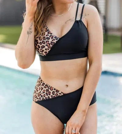 Mack & Mal Capture The Coast Swim Top In Black & Natural Leopard In Multi