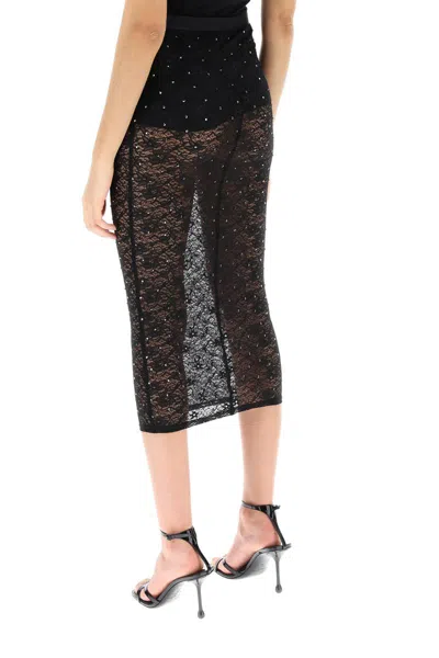 Shop Alessandra Rich Midi Skirt In Lace With Rhinestones In Nero