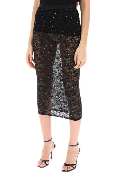 Shop Alessandra Rich Midi Skirt In Lace With Rhinestones In Nero