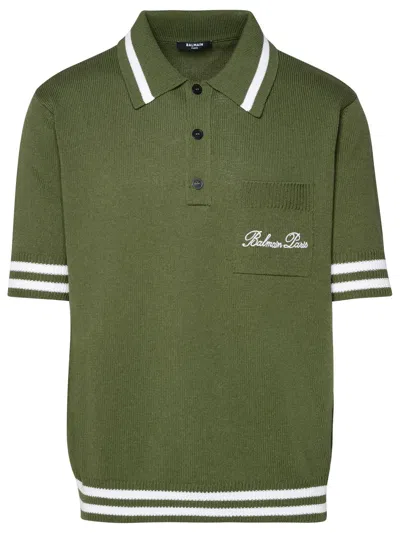 Shop Balmain Man  Polo Shirt In Green Cotton Blend