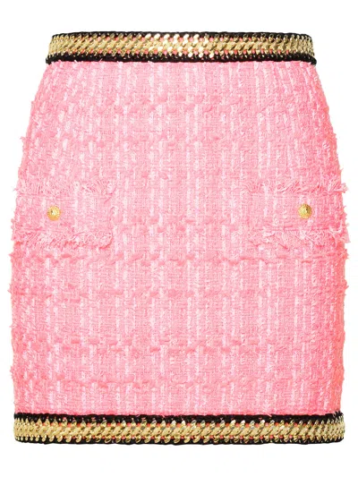 Shop Balmain Woman  Pink Cotton Blend Miniskirt