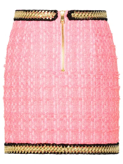 Shop Balmain Woman  Pink Cotton Blend Miniskirt