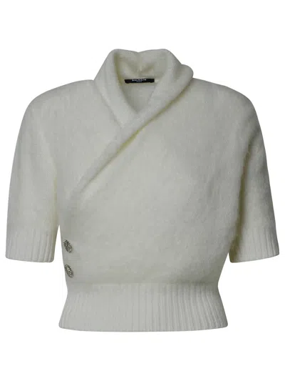 Shop Balmain Woman  White Virgin Wool Blend Sweater