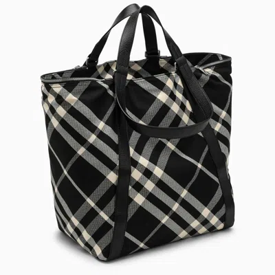 Shop Burberry Black/calico Cotton-blend Tote Bag With Check Pattern Men