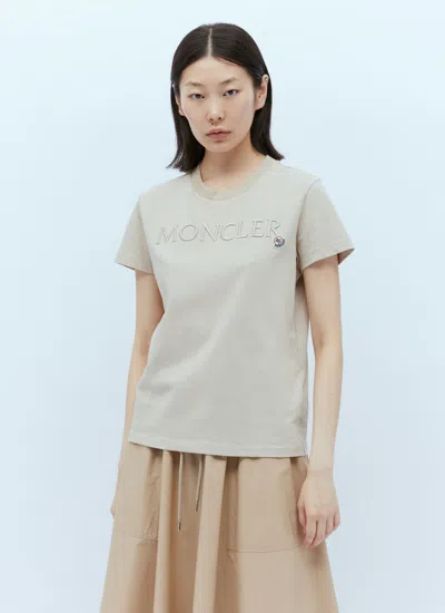 Shop Moncler Women Logo Embroidery T-shirt In Cream