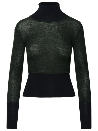 Shop Thom Browne Woman  Green And Black Wool Turtleneck Sweater