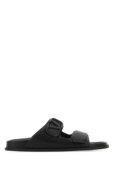 Shop Valentino Garavani Man Black Leather Vlogo Slippers