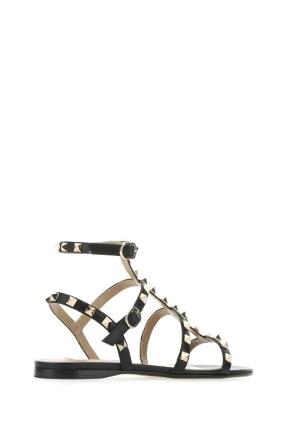 Valentino Garavani Rockstud Flat Calfskin Sandal With Straps Woman Black 41.5 In Black