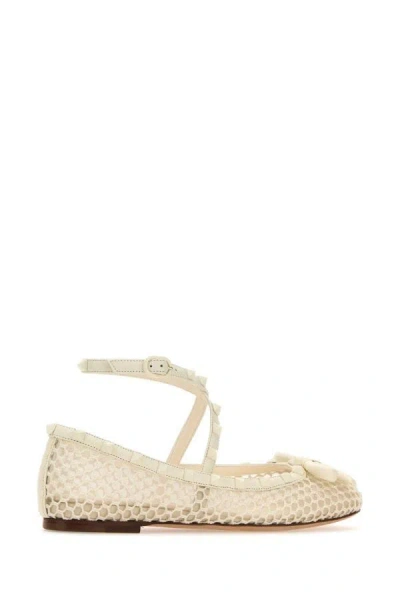 Shop Valentino Garavani Woman Ivory Mesh Rockstud Ballerinas In White