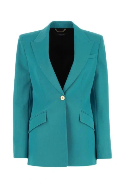 Shop Versace Woman Teal Green Wool Blazer In Blue