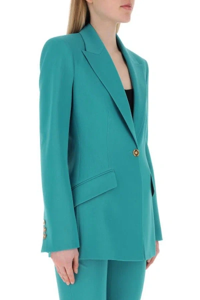 Shop Versace Woman Teal Green Wool Blazer In Blue
