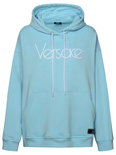 Shop Versace Light Blue Cotton Sweatshirt Woman