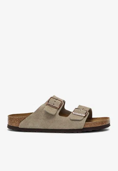 Shop Birkenstock Arizona Double-buckle Leather Slides In Beige