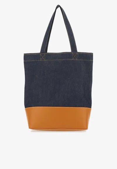 Shop Apc Axelle Denim And Leather Logo Tote Bag In Blue